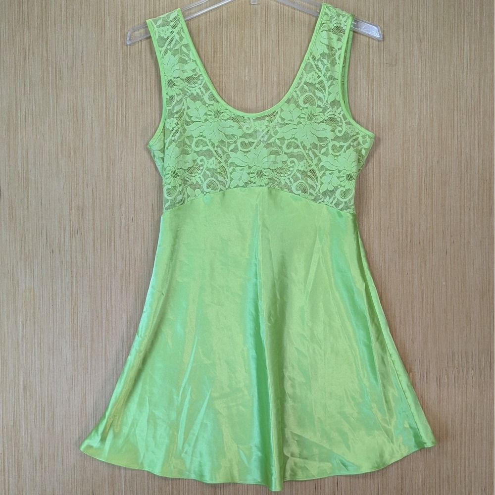 Victorias Secret Neon Lime Green Lace Satin Slip Dress Chemise Small Y2K Rave